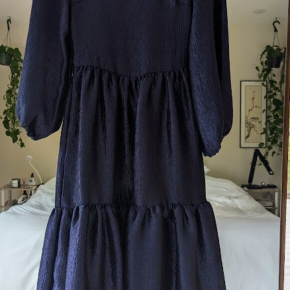 Topshop Premium Textured Jacquard Midi Dress Navy Blue Tiered Size 4 - Picture 2 of 11